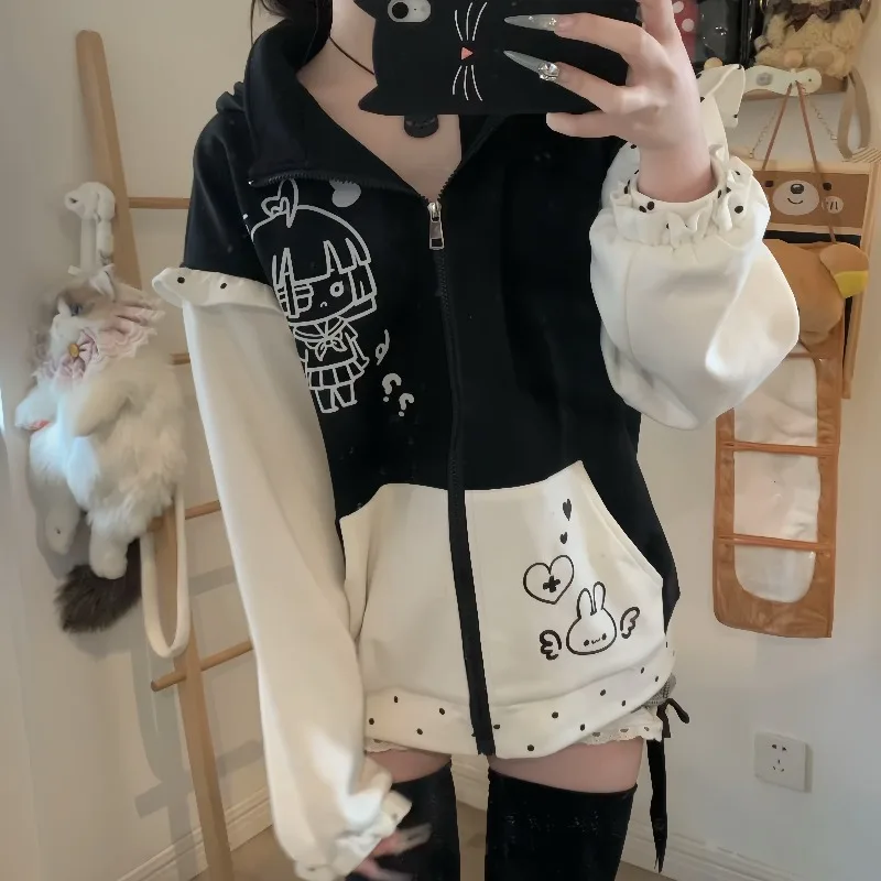 Kawaii Polka Dot Bunny Ears Cute Cartoon Print Color Block Zipper Hoodie Preppy Style Sweet Girl Loose Casual Sweatshirt Women