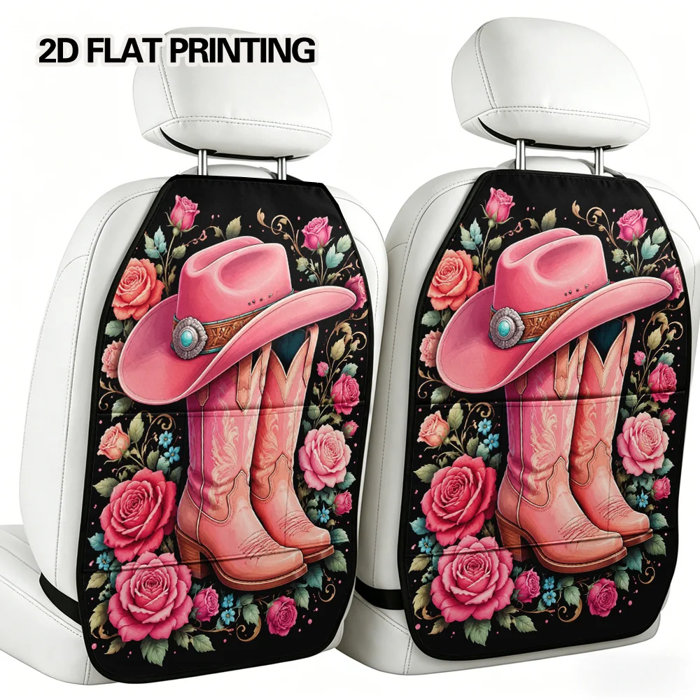 2D Flat, 2pcs Western Pink Floral Aesthetic Print Car Seat Back Storage Organizer Mats, Adjustable Multi-Pocket Design, Trendy V