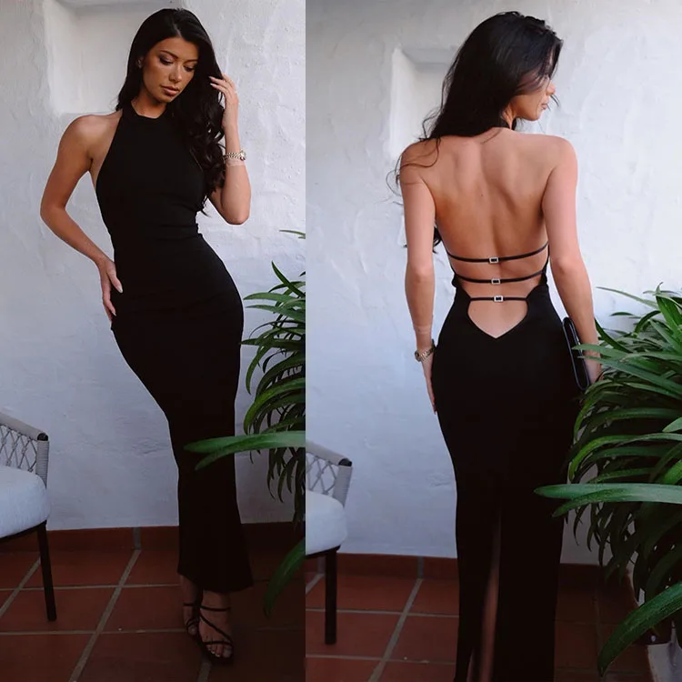 2025 verão nova moda feminina halter-neck sexy split bodycon longo maxi vestido festa clube