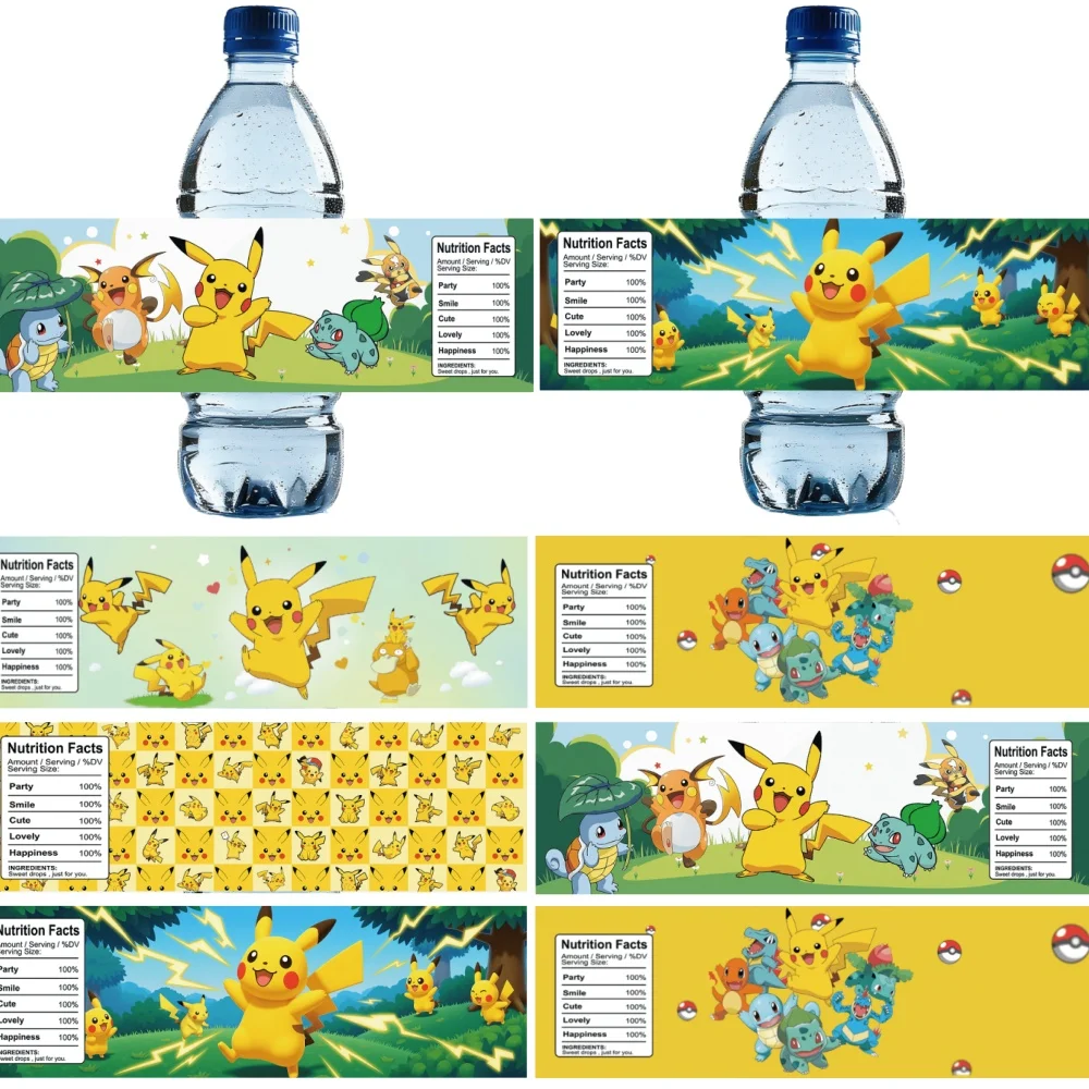 Pegatinas de Pokémon, pegatinas para botellas de agua de Pikachu, decoración para fiestas de cumpleaños, pegatinas de etiquetas personalizadas para fiestas temáticas, decoración para fiestas infantiles