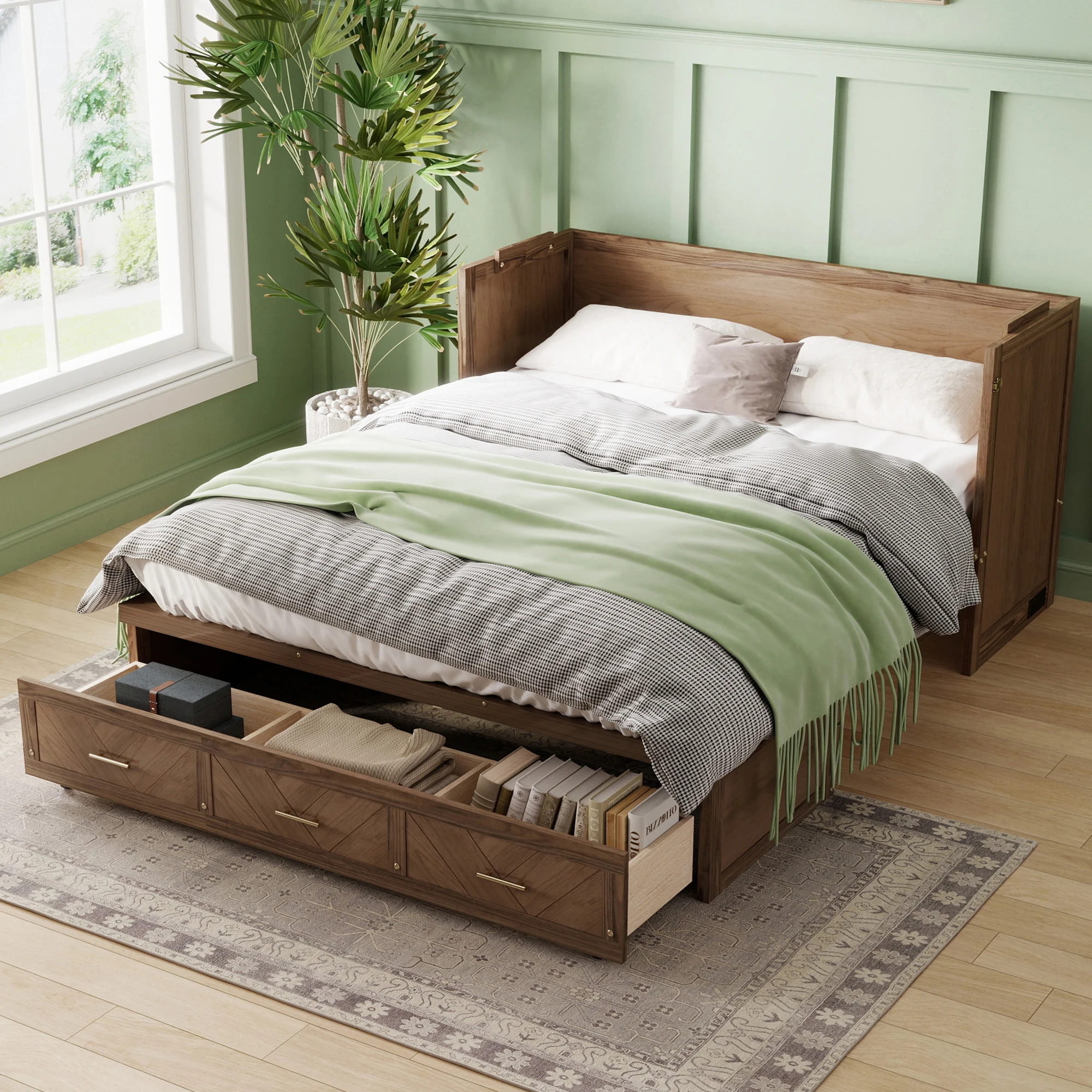 

！@Queen Size Modern Murphy Bed, Solid Wood Cabinet Bed with Built-in USB Charging Station and Geometrical Decoration Panel
