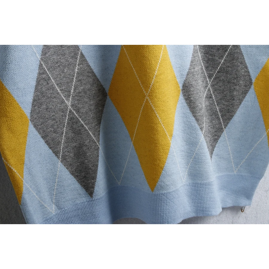 Women's V-Ne Knitted Sweater Diamond Pattern Autumn Winter plus Size Color Blo Slimming Lazy Versatile Elastic Knitwear