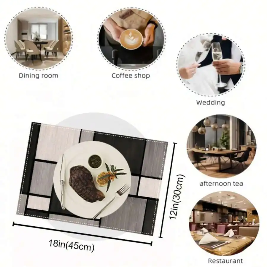 4-Pack Polyester Placemats, 12x18 Inch Rectangular Table Mats, Black Grey Geometric Plaid Pattern, Machine Washable Woven Tablem