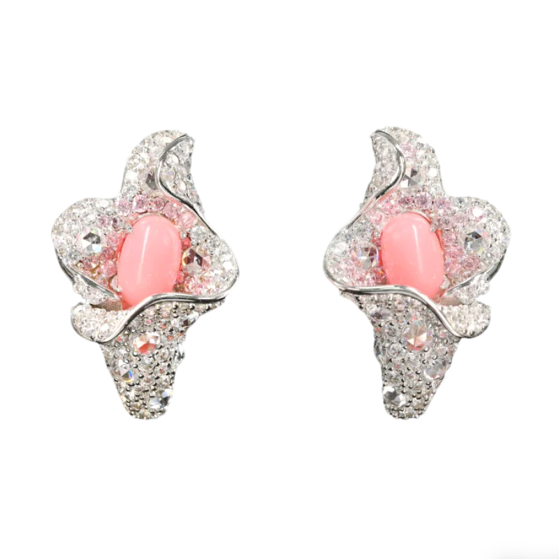 

BELLUX 925 Silver Earrings High Carbon Diamond 2.8 ct Smooth Oval Cherry Blossom Pink Synthetic Conch Bead Flower Earrings