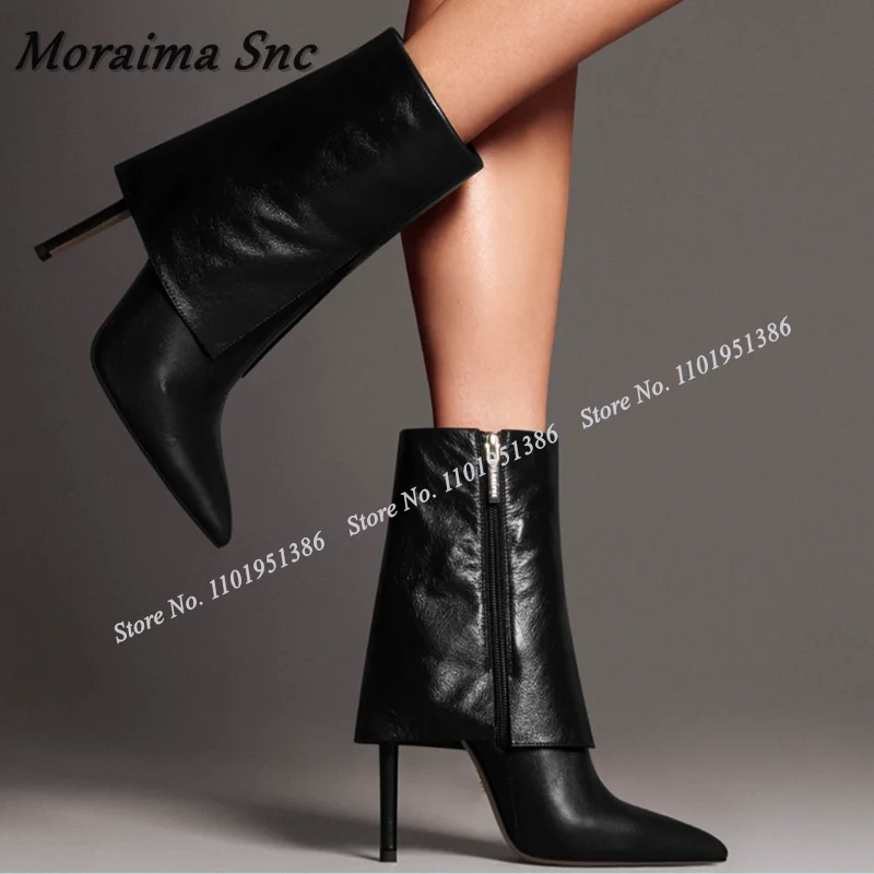 Moraima Snc White Side Zipper Short Boots Turn Over Solid Mid Calf Boots Pointed Toe Shoes for Women High Heels Zapatillas Mujer