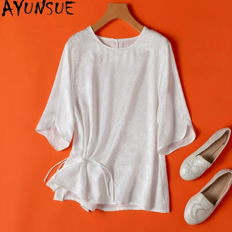 AYUNSUE 100% Silk Women T Shirts New Chinese Style Half Sleeve Tops for Woman O-neck T Shirt Woman Clothing High Quality Одежда