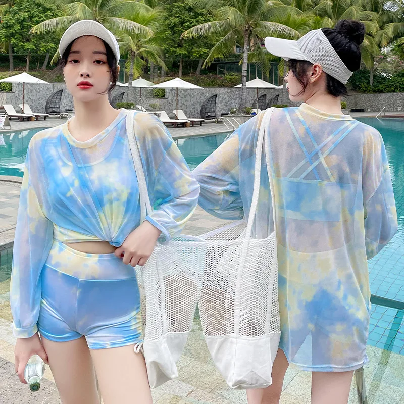 Three-piece swimsuit women\'s three-piece suit 2023 new foreign trade conservative flat angle Korean ins large size long sleeves