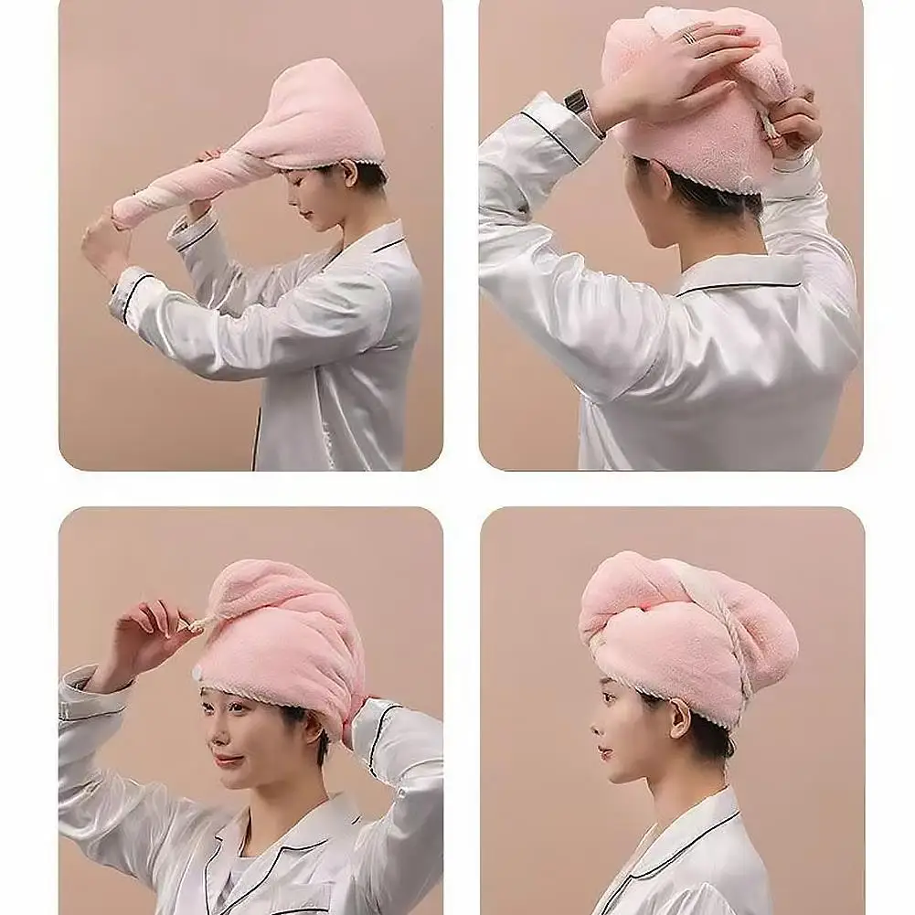 Coral Fleece Hair Drying Hat Ultra Absorbent Thickened Fast Dry Bear Button Wrap 63cm for Women Men Bath