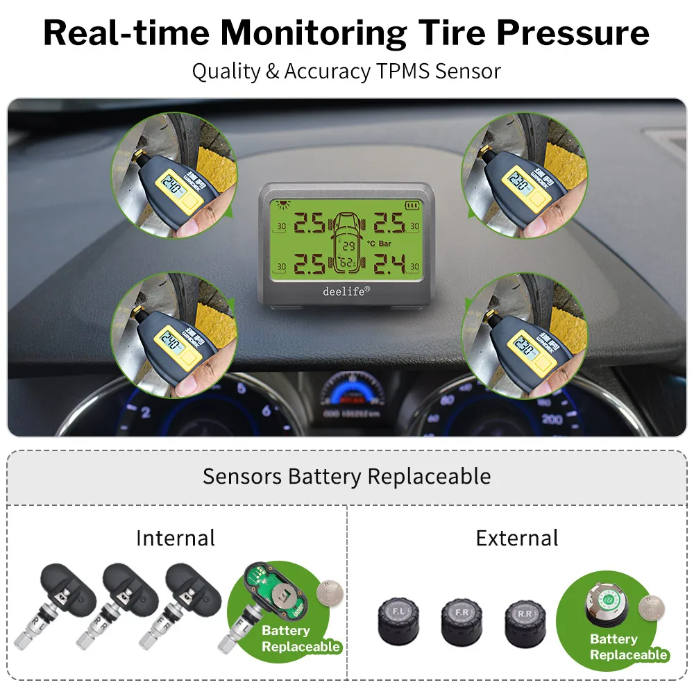 Deelife TPMS Tire Pressure Monitoring System Solar Car TMPS Control with 4 Tyre Sensors