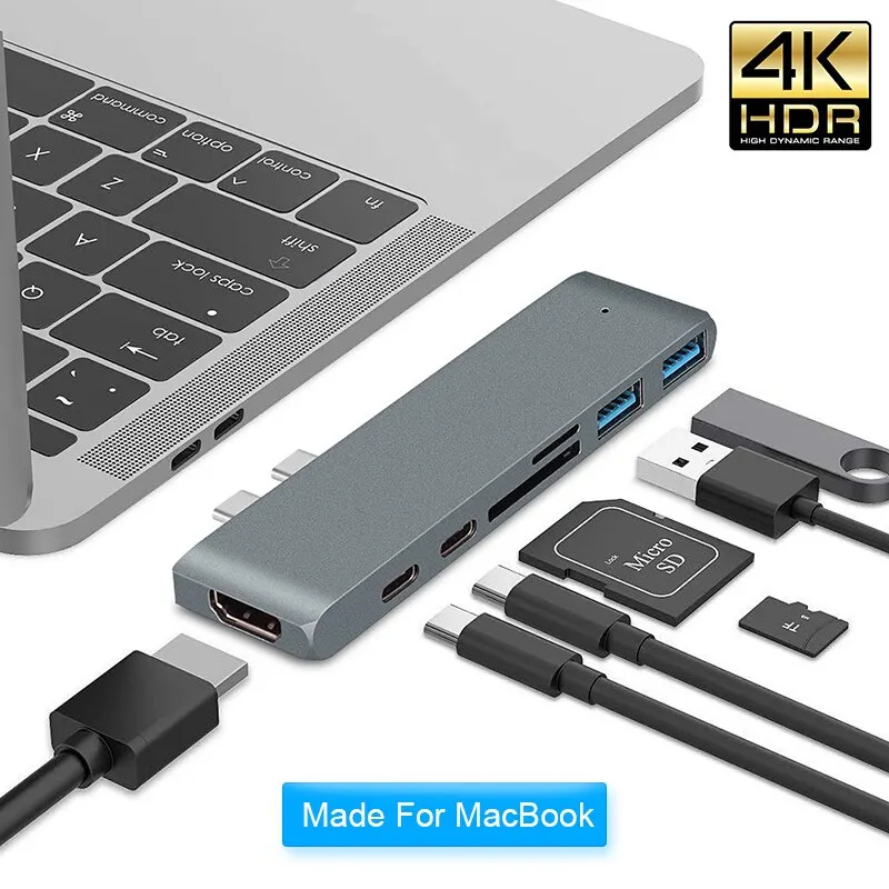 USB C HUB For MacBook 7in1 Type C Dual Dock USB 3.1 To USB-C 4K HDMI SD TF Card Reader USB-A 7Port USB C Macbook Pro Adapter