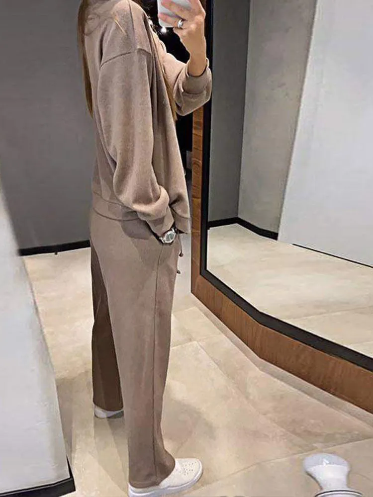 Casual Comfortable Cardigan Sports Pants Set Women Solid Color Top Drawstring Elastic Waistband Straight Leg Trousers Wholesale