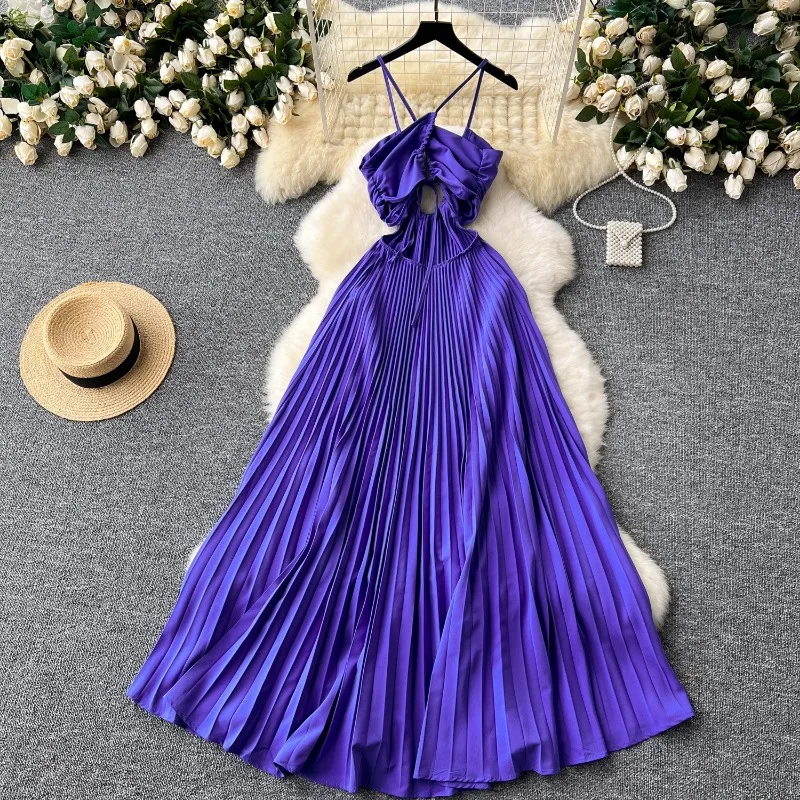 Sexy Hollow Out Halter Backless Slip Dress Chic Vintage Evening Party Club  Women Chic Summer Sweet Beach Pleated Long Dresses