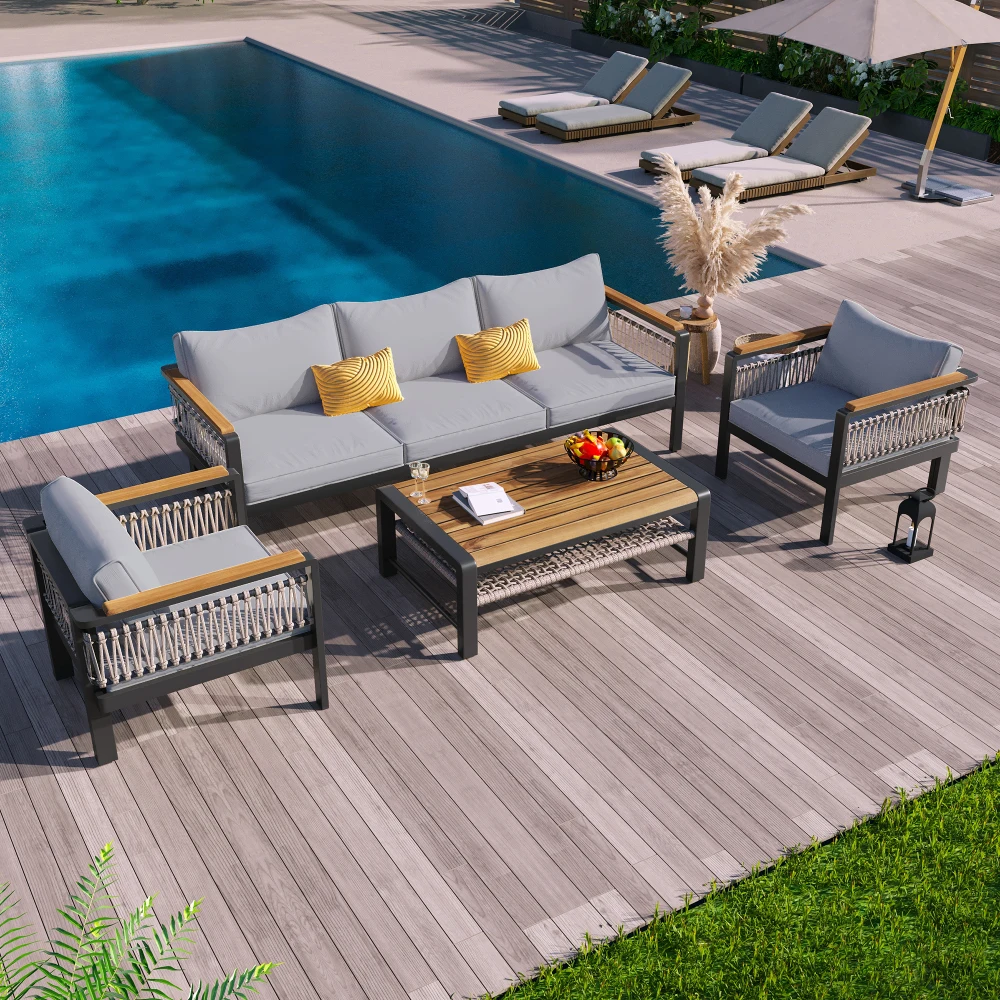 

4 Pieces Outdoor Sectional Sofa Set 5-person Patio Seating Group Outdoor Conversation Set with Cushions and a Coffee Tables