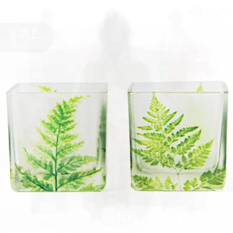 

Scandinavian Green Leaf 6cm Square Glass Candlestick Romantic Confession Candlelight Dinner Banquet Decor Customizable Pattern