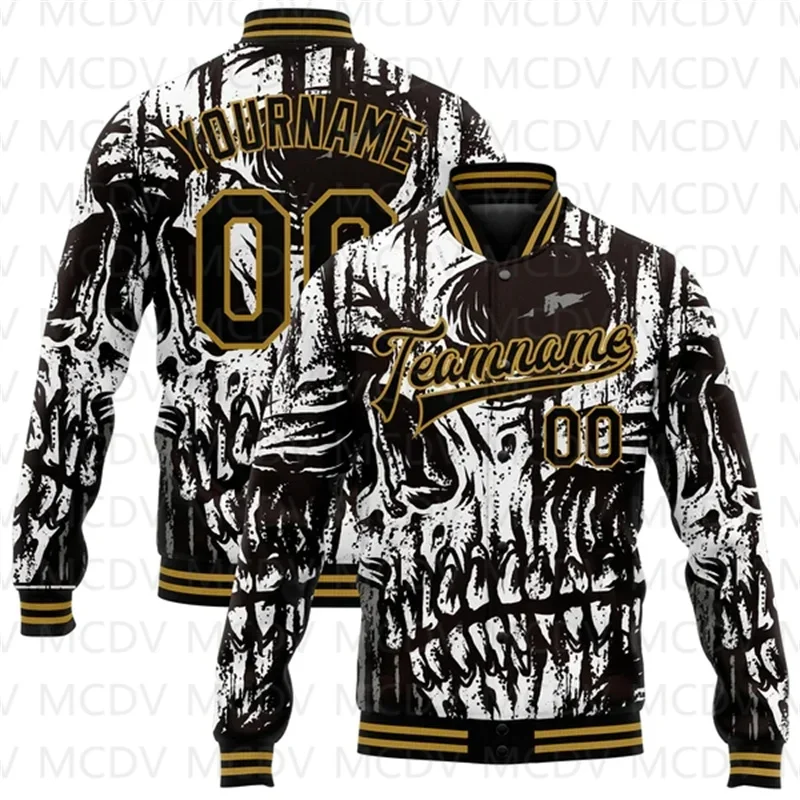 Custom Black Old Gold Skull With Wing 3D Bomber Full-Snap Varsity Letterman Jacket