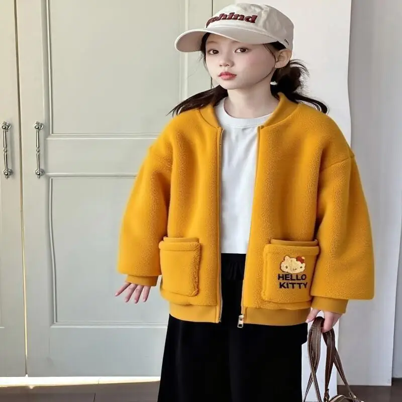 

Популярное толстое меховое пальто среднего размера с хлопковой подкладкой для девочек на осень и зиму 2025 Новый свитер на молнии для девочек Kt Cat Sanrio Hello Kitty