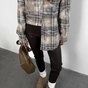 سروال جلدي نسائي شتوي أسود رفيع بسحاب سروال جلدي غير رسمي سميك بني PU بنطلون جلد صناعي للنساء 2024 أعلى 9 بيع غطاء القضيب السميك البني - No7