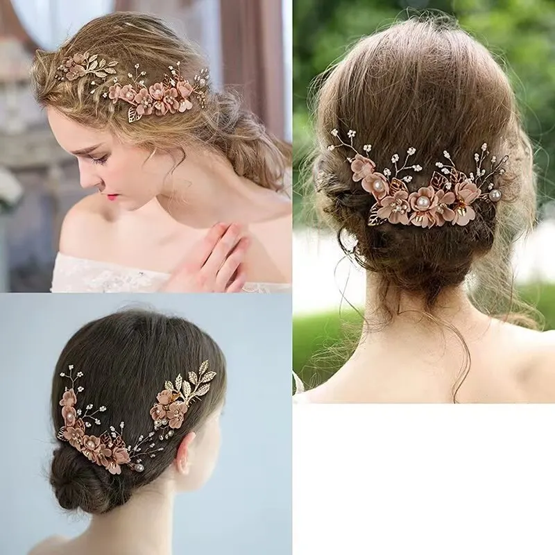 European and N Gold Leaf Plate Hair Headdress Handmade Bride Crown Headdress Flowers Inserted Comb Hair Ornaments 4-piece Set