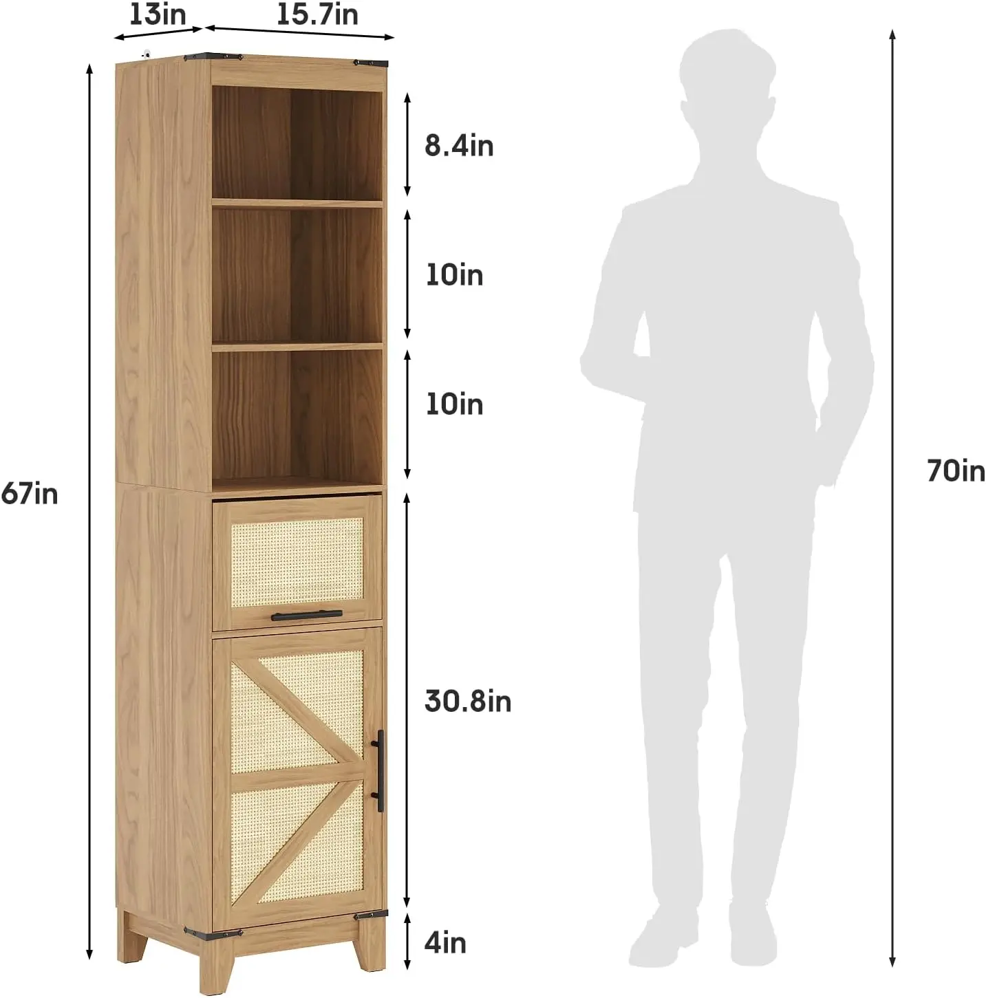 Tall Bathroom Storage Cabinet, Rattan Storage Cabinet with Adjustable Shelf and Barn Door, 66.9” Slim Linen Cabinet with Drawer