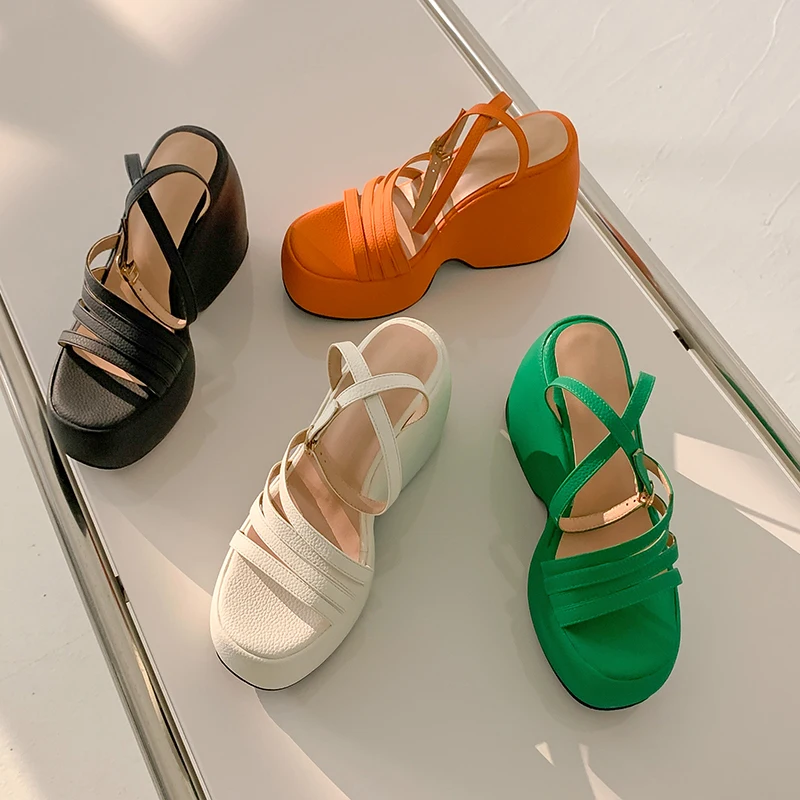 2022 Luxury Brand New Designer Women Dress Shoes Green Orange Open Toe Platform Heels Woman Summer High-Heeled Wedges Sandals