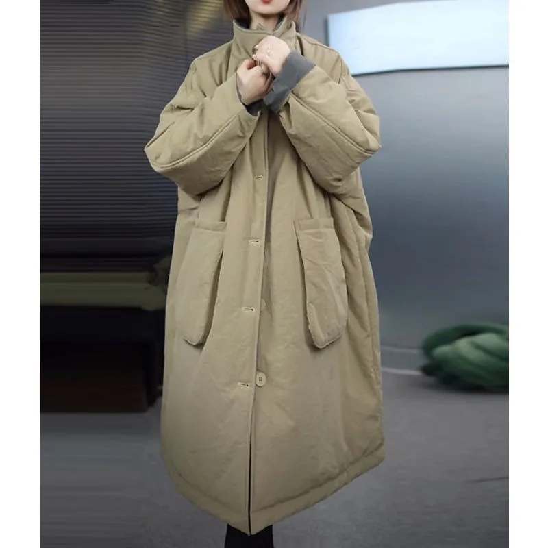 

Large-pocket Wide-sized High-end Light Luxury Long Cotton-padded Jacket Fashion Warm Loose Knee-length Warm Overcoat Winter Coat