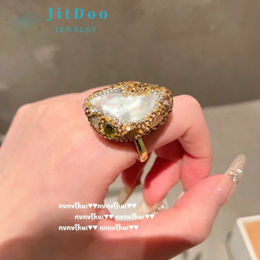 

JitDoo Unique Charm Caramelized Gem Ring Vintage Baroque Sea Pearl Earrings Jewelry Sets for Women Brides Valentine's Day Gift