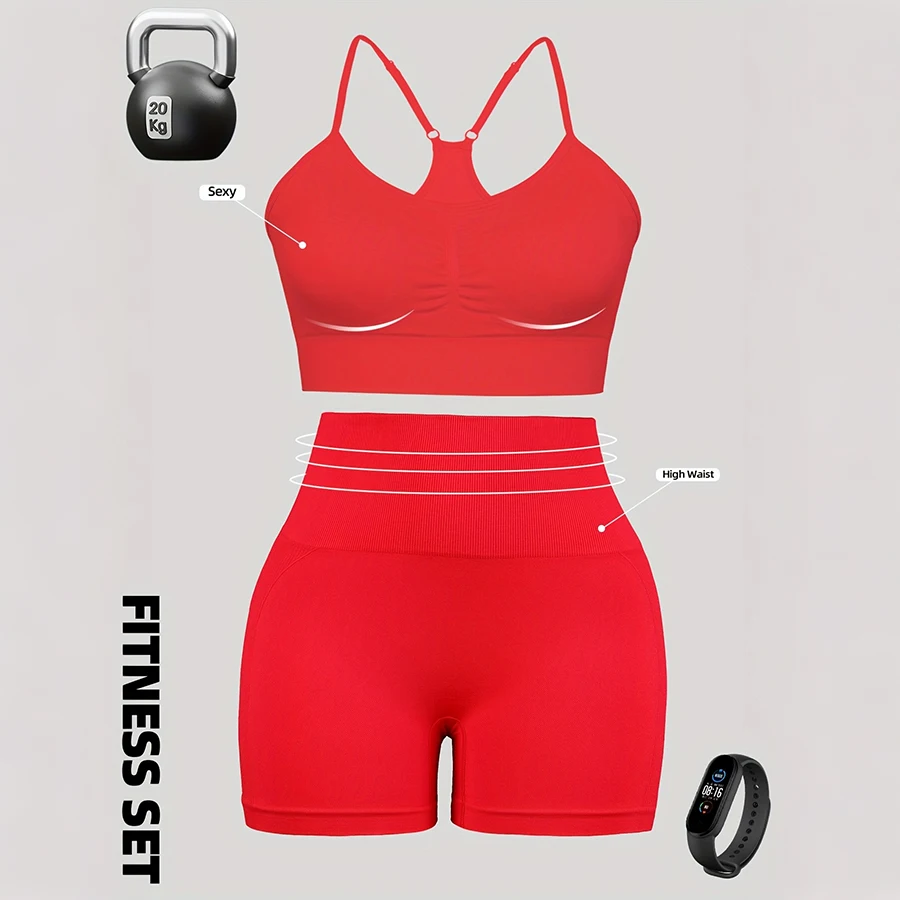Seamless Sports Workout Set for Women Padded Sports Bra with Butt Lift Cycling Shorts 2PCS Yoga Suit