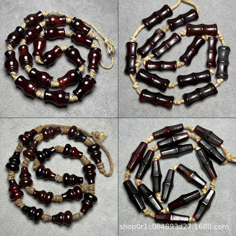 Old , Weathered Antique Wine Red Agate Gourd Vase Necklace With Tube Bead Chain