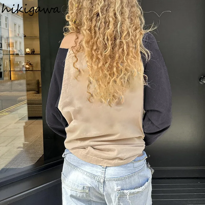 Camisetas con letras Y2k para mujer, ropa de manga larga, Color de contraste, Tops de gran tamaño, Camisetas coreanas, ropa de calle, camiseta informal de moda