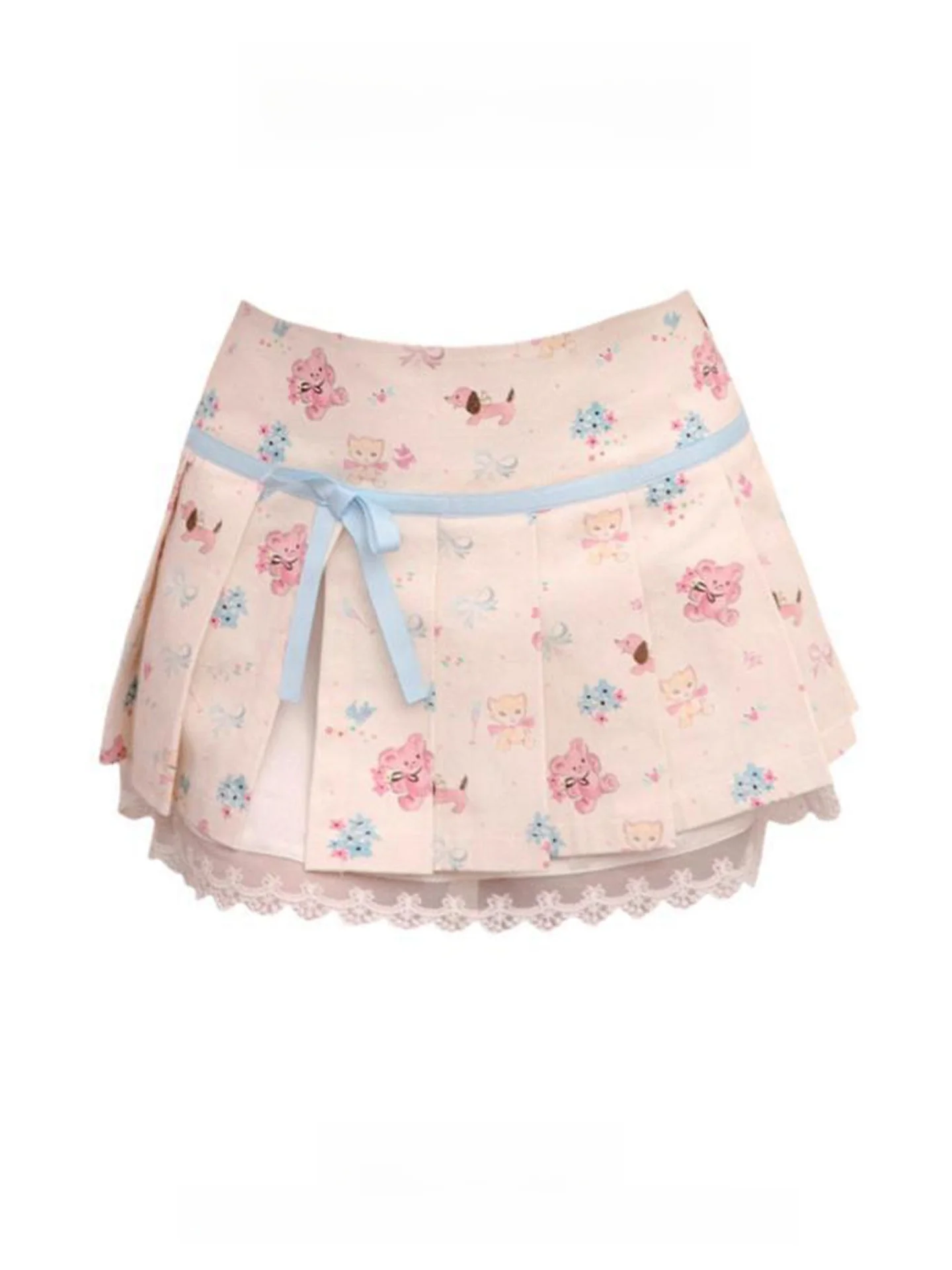 

Юбка с милым принтом медведя, женская летняя юбка А-силуэта с разрезом, кружевной отделкой и завязками, средней длины, с высокой талией