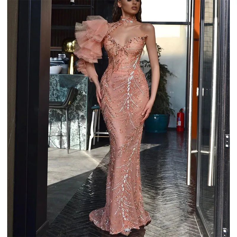 Pink Mermaid Evening Dresses One Shoulder Long Sleeve Beaded Appliques Sequins Lace Prom Dresses Floor Length Party Dress