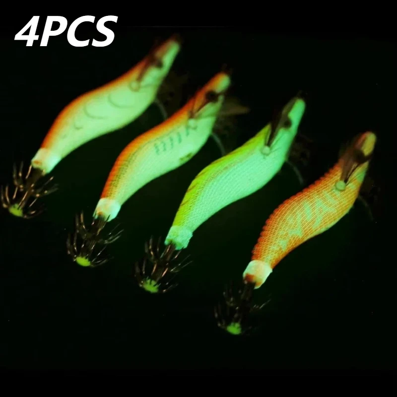 Señuelos de pesca de gambas envueltos, 4 Uds., cebos de madera de pulpo y camarones, anzuelos de pesca con plantilla de calamar, 8,5 cm/7,3g, señuelos para pesca al aire libre