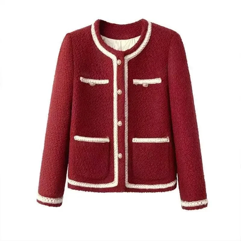 

2025 Spring Autumn New Round Neck Thicken Small Fragrant Style Jacket Women's Fashion Socialite Temperament Red Short tops