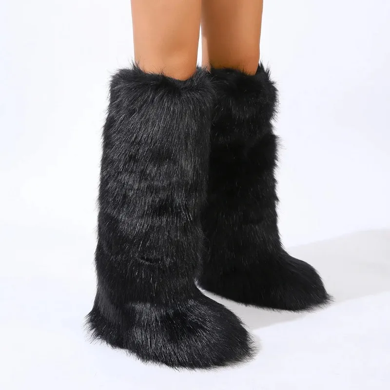 

2025 Women Winter Thigh High Fluffy Boots Ladies Furry Faux Fox Fur Long Warm Shoes girls New Designer Plush Knee High Fur Boots