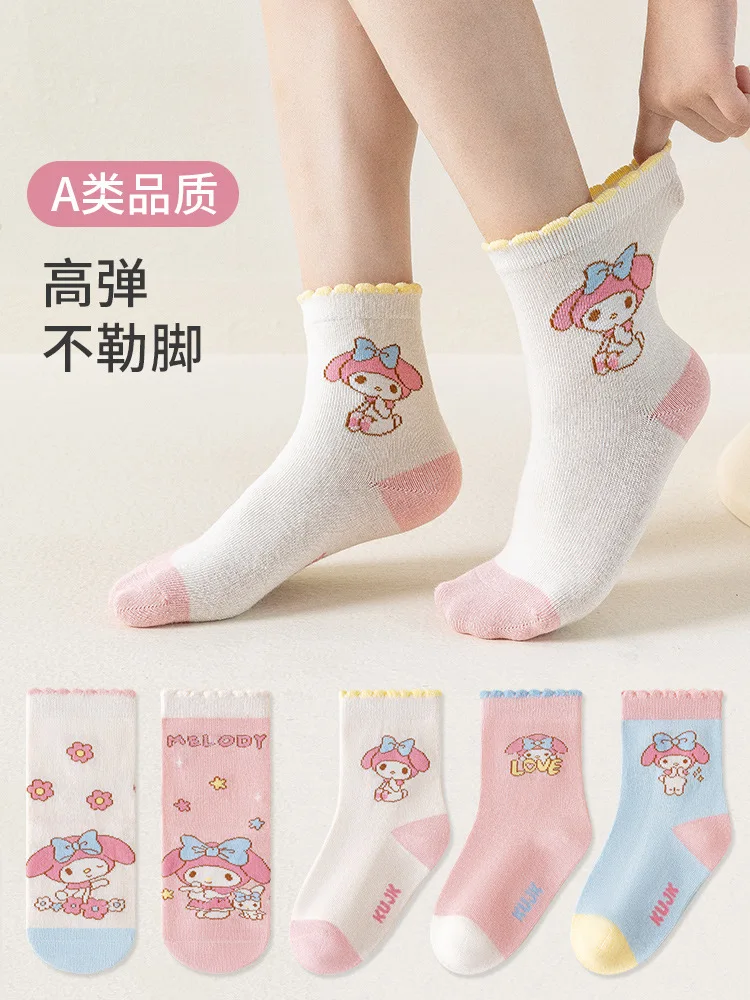 5 أزواج من جوارب My Melody Kuromi منتصف الساق للفتيات خفيفة الوزن قابلة للتنفس للربيع/الصيف جوارب شبكية هدية جوارب قطنية #1