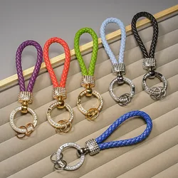 1PC PU Leather Braided Woven Rope Keychain Glitter Rhinestones Car  Key Ring For Men Women Multiuse Car Key Holder Charms