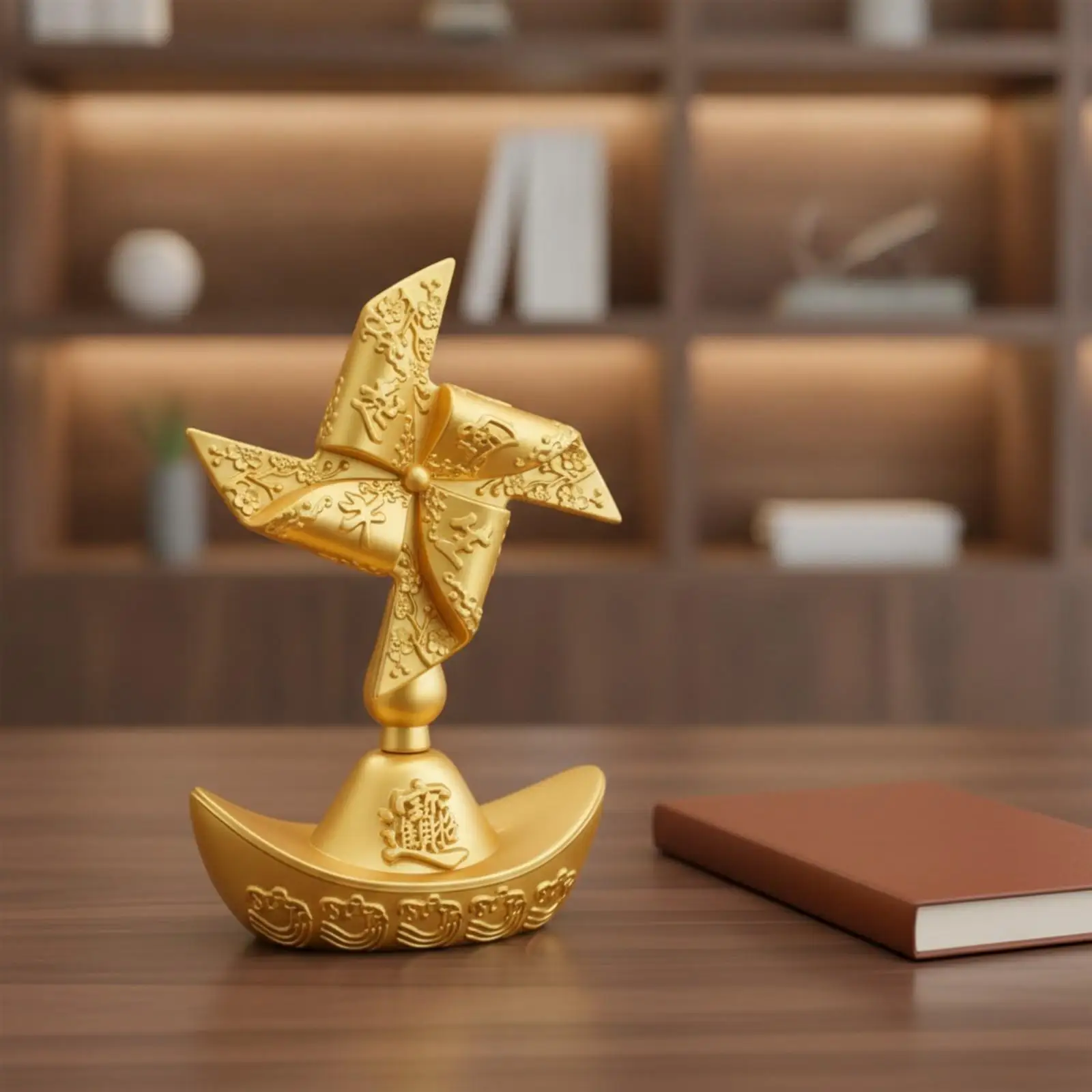 Gold Industrial Windmill Ornament Spinning Metal Craft Figurine for Home Office Shelf Decor Display
