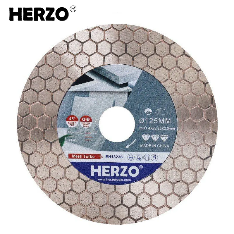 HERZO 125MM Tile Diamond Saw Discs Hexgonal Cutting and Grinding Blade Wide Application Chip Free Wet/Dry Cutting 45° Angle Cut