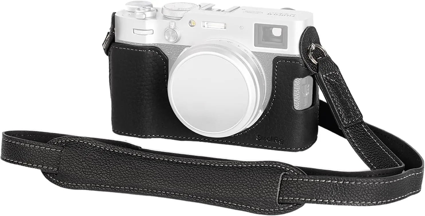 

X100VI Half Leather Case with Shoulder Strap, Retro Aluminum Frame Camera Case - Black