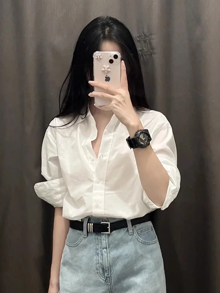

Свободная белая рубашка во французском стиле с длинными рукавами, женская весенне-осенняя внутренняя одежда, топ небольшого размера, приятный E12819