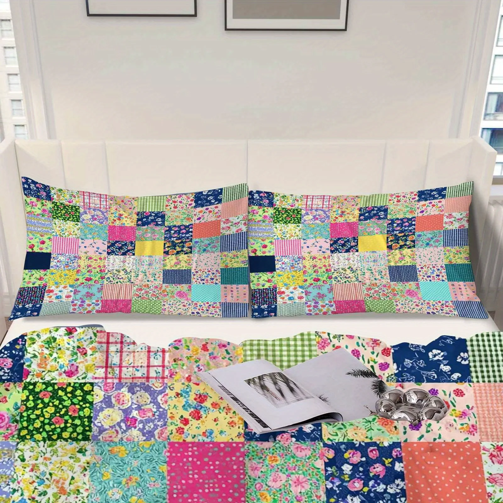 Bedding Including Duvet Cover And 2 Pillowcases Featuring a Floral Gingham Patchwork Design for Spring Decor in Bedrooms
