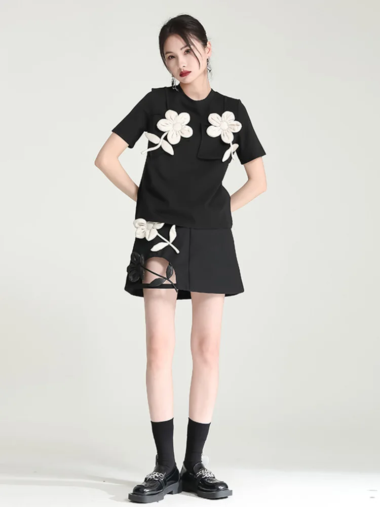 Vestido elegante oco solto com apliques florais 3D – fantasia de palco de manga curta para performance de dança clássica