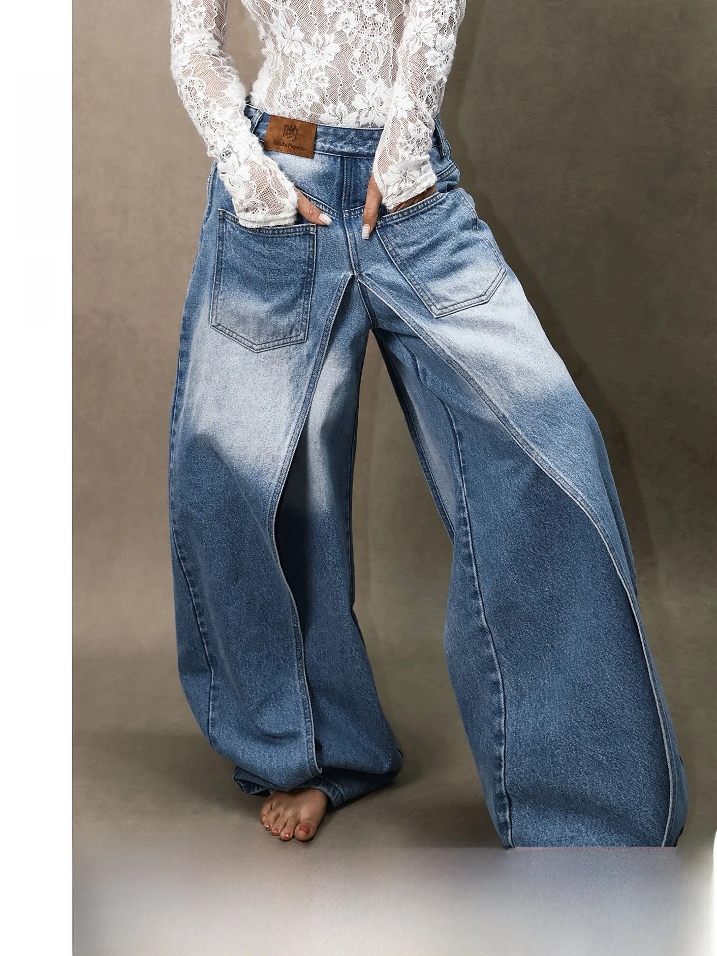 

American Retro Wide Leg Jeans Women's Heavy Industry Slimming Fake Two-Piece Knife Denim Pants High Waist Zipper Closure