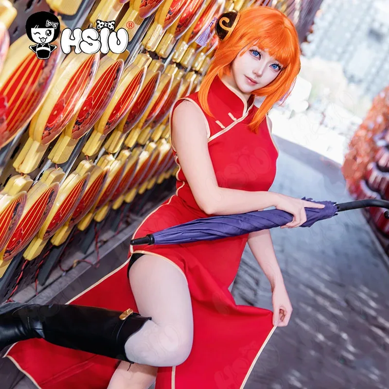 

CyKagura Cosplay Costume Wig Fiber synthetic wig「HSIU」Orange short hair Red sleeveless cheongsam Anime Gintama Kagura Costumes W