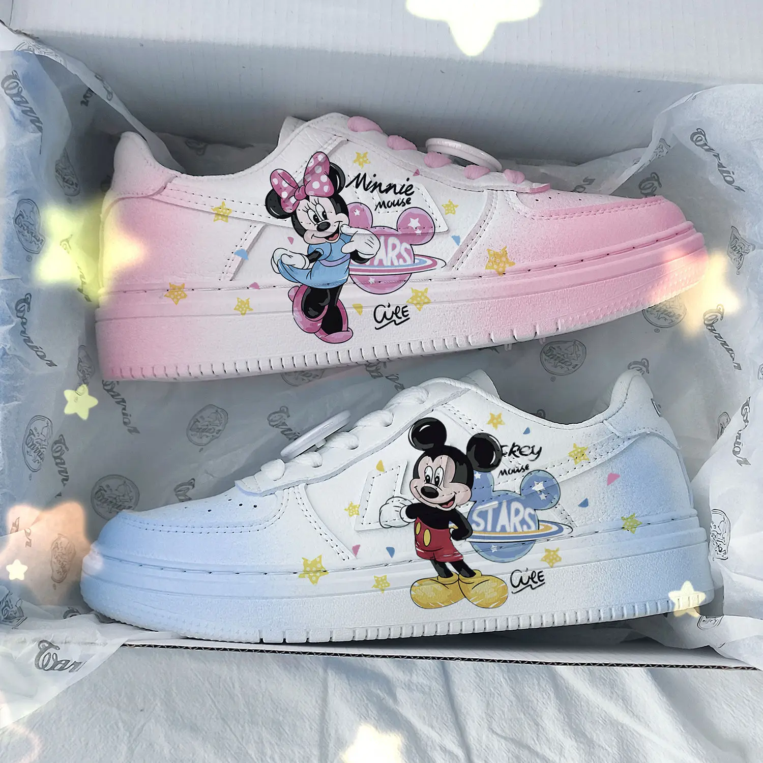 Disney Mickey Minnie Cartoon Print White Shoes Cute Hand Painted Low Top Board Shoes Spring Autumn New Breathable Casual Shoes