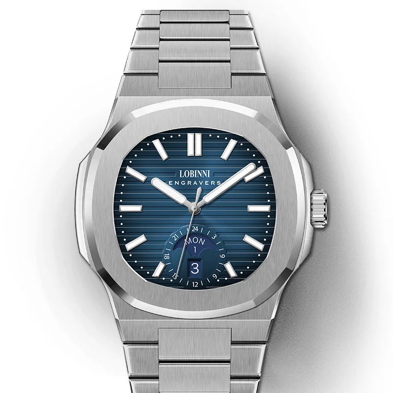 ساعة LOBINNI للرجال أوتوماتيكية 43 ملم ساعة يد ميكانيكية مربعة فاخرة مرآة ياقوت مضيئة لتاريخ الأسبوع