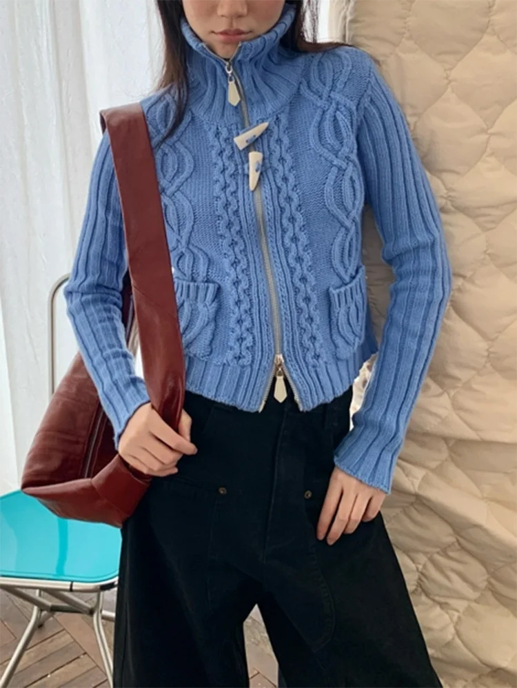 Women Horn Button Cable Knit Sweater Zip Up Stand Collar Cardigan Blue Cropped Jacket Slim Sexy Knitted Coat Chic Tops Jumpers
