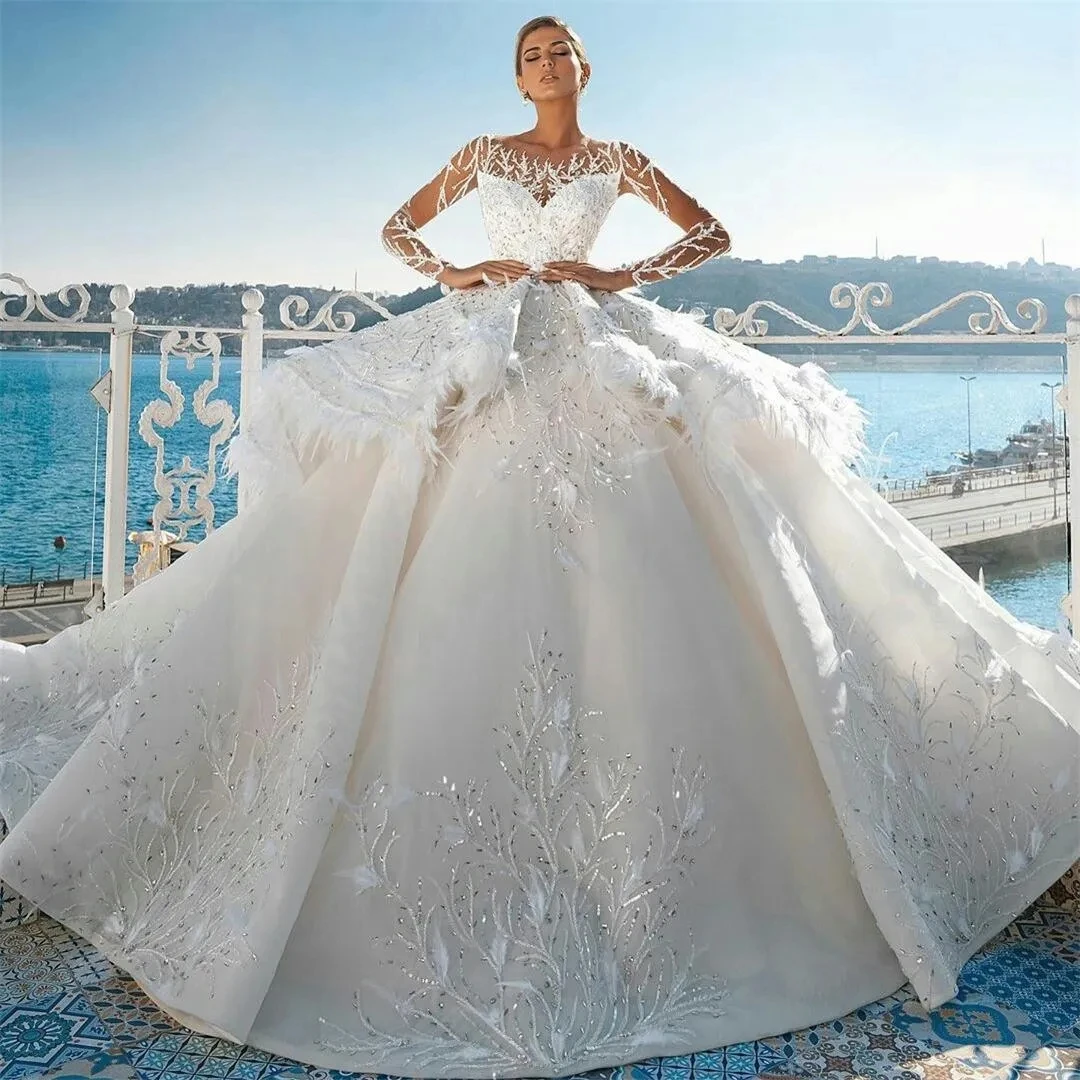 

Gorgeous Crystal Sequins Wedding Dresses Beading Feather Tiered Bridal Ball Gowns Custom Made Vestido De Novia