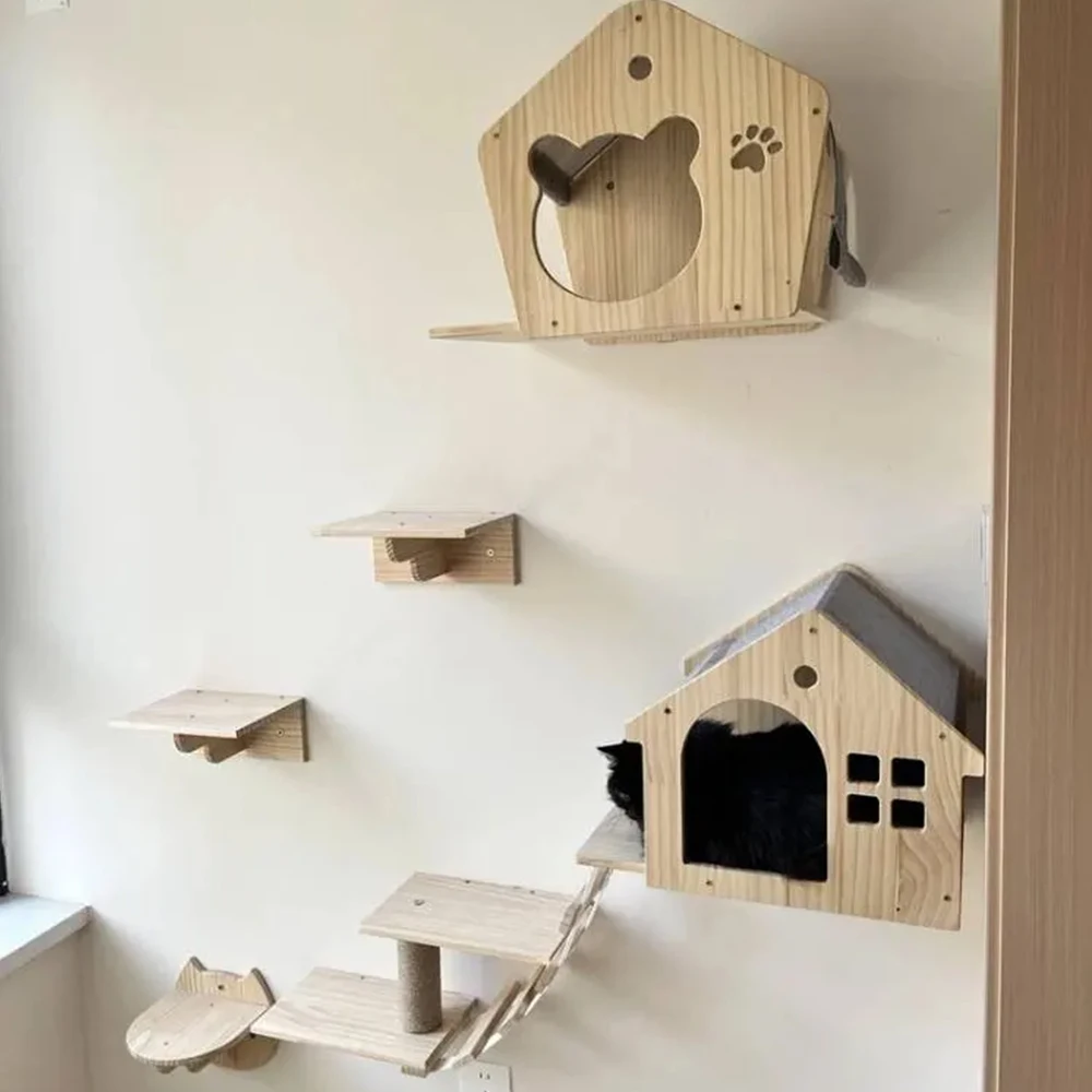 Wall-mounted Cat Climbing House Made Of Solid Wood Sisal Cat Climbing Ladder Durable Cat Scratching Post Cat Tree Pet Furniture