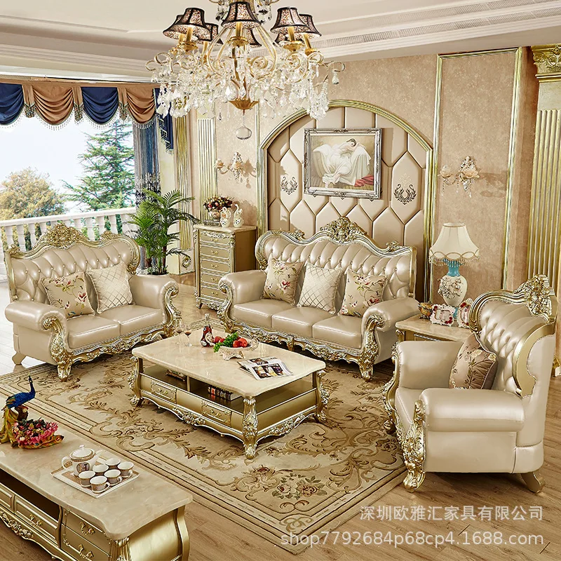 European Sofa Leather Combination High-end Luxury Villa Large Apartment Living Room American French Champagne Gold Furniture Set